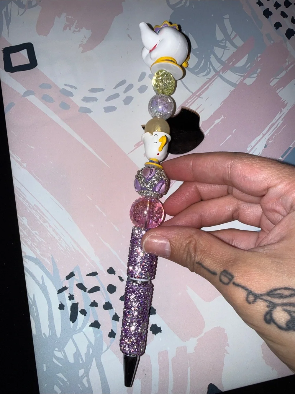 New Mrs. Pots & Chip Purple Glitter Beaded Novelty Charm Pen